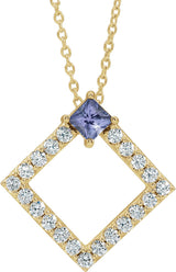 14K Gold Square Natural Tanzanite Accented Geometric Necklace or Pendant - Yellow Gold