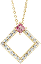 14K Gold Square Natural Pink Tourmaline Accented Geometric Necklace or Pendant - Yellow Gold