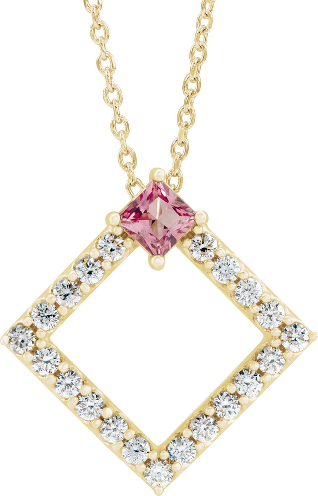 14K Gold Square Natural Pink Tourmaline Accented Geometric Necklace or Pendant - Yellow Gold