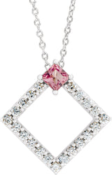 Platinum Square Natural Pink Tourmaline Accented Geometric Necklace or Pendant