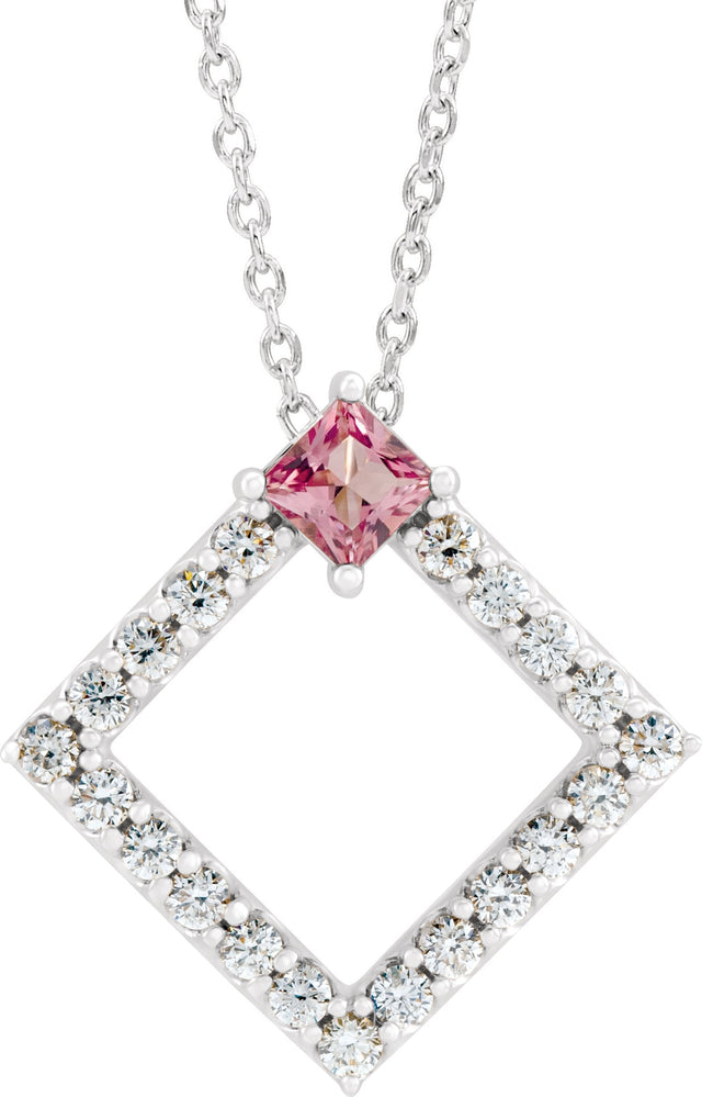 Platinum Square Natural Pink Tourmaline Accented Geometric Necklace or Pendant