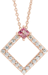 14K Gold Square Natural Pink Tourmaline Accented Geometric Necklace or Pendant - Rose Gold