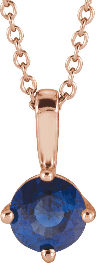 14K Gold Round Natural Blue Sapphire Solitaire Necklace or Pendant II - Rose Gold