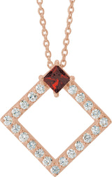 14K Gold Square Natural Mozambique Garnet Accented Geometric Necklace or Pendant - Rose Gold