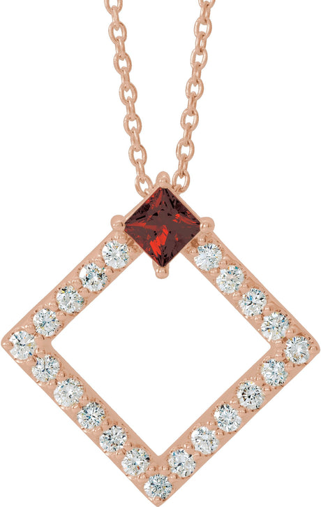 14K Gold Square Natural Mozambique Garnet Accented Geometric Necklace or Pendant - Rose Gold