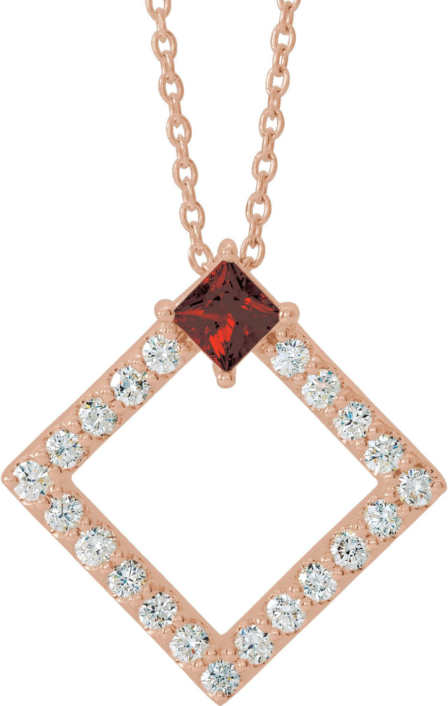 14K Gold Square Natural Mozambique Garnet Accented Geometric Necklace or Pendant - Rose Gold