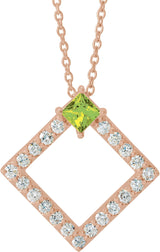14K Gold Square Natural Peridot Accented Geometric Necklace or Pendant - Rose Gold