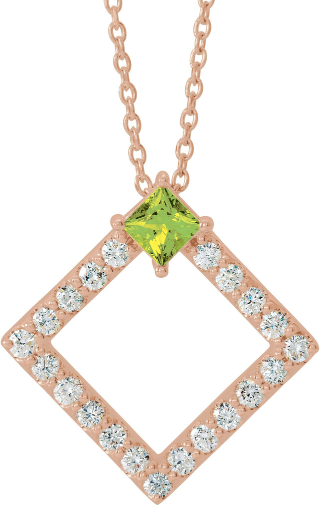 14K Gold Square Natural Peridot Accented Geometric Necklace or Pendant - Rose Gold