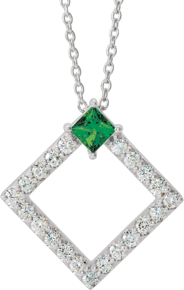 14K Gold Square Natural Emerald Accented Geometric Necklace or Pendant - White Gold