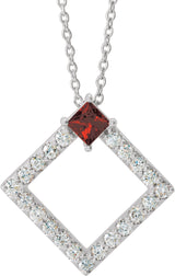 14K Gold Square Natural Mozambique Garnet Accented Geometric Necklace or Pendant - White Gold