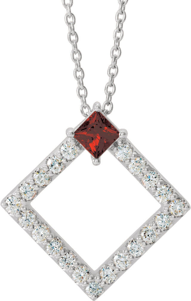Platinum Square Natural Mozambique Garnet Accented Geometric Necklace or Pendant