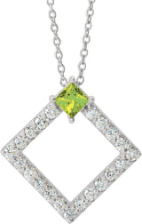 Platinum Square Natural Peridot Accented Geometric Necklace or Pendant