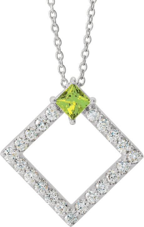 Platinum Square Natural Peridot Accented Geometric Necklace or Pendant