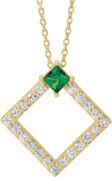 14K Gold Square Natural Emerald Accented Geometric Necklace or Pendant - Yellow Gold