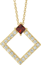 14K Gold Square Natural Mozambique Garnet Accented Geometric Necklace or Pendant - Yellow Gold