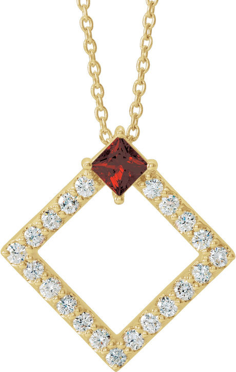 14K Gold Square Natural Mozambique Garnet Accented Geometric Necklace or Pendant - Yellow Gold
