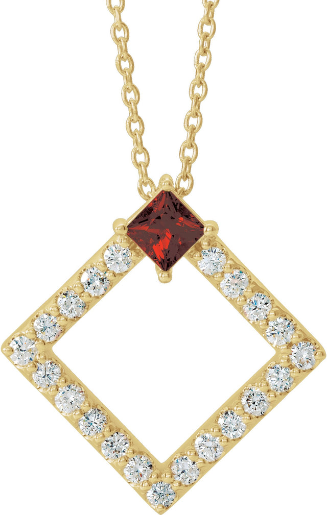 14K Gold Square Natural Mozambique Garnet Accented Geometric Necklace or Pendant - Yellow Gold