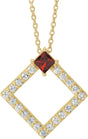 14K Gold Square Natural Mozambique Garnet Accented Geometric Necklace or Pendant - Yellow Gold