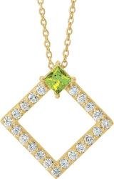 14K Gold Square Natural Peridot Accented Geometric Necklace or Pendant - Yellow Gold