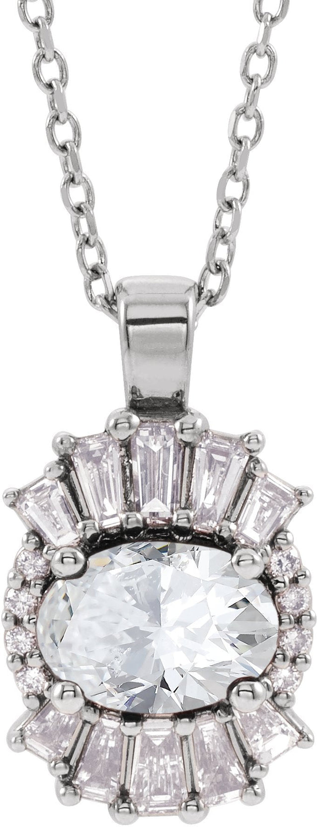 14K Gold Oval Natural White Sapphire Halo-Style Necklace or Pendant - White Gold