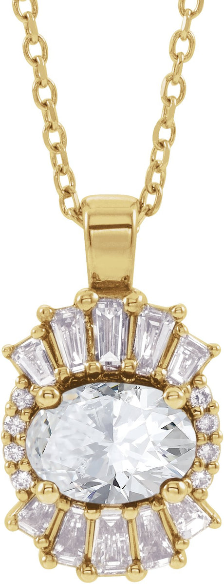 14K Gold Oval Natural White Sapphire Halo-Style Necklace or Pendant - Yellow Gold