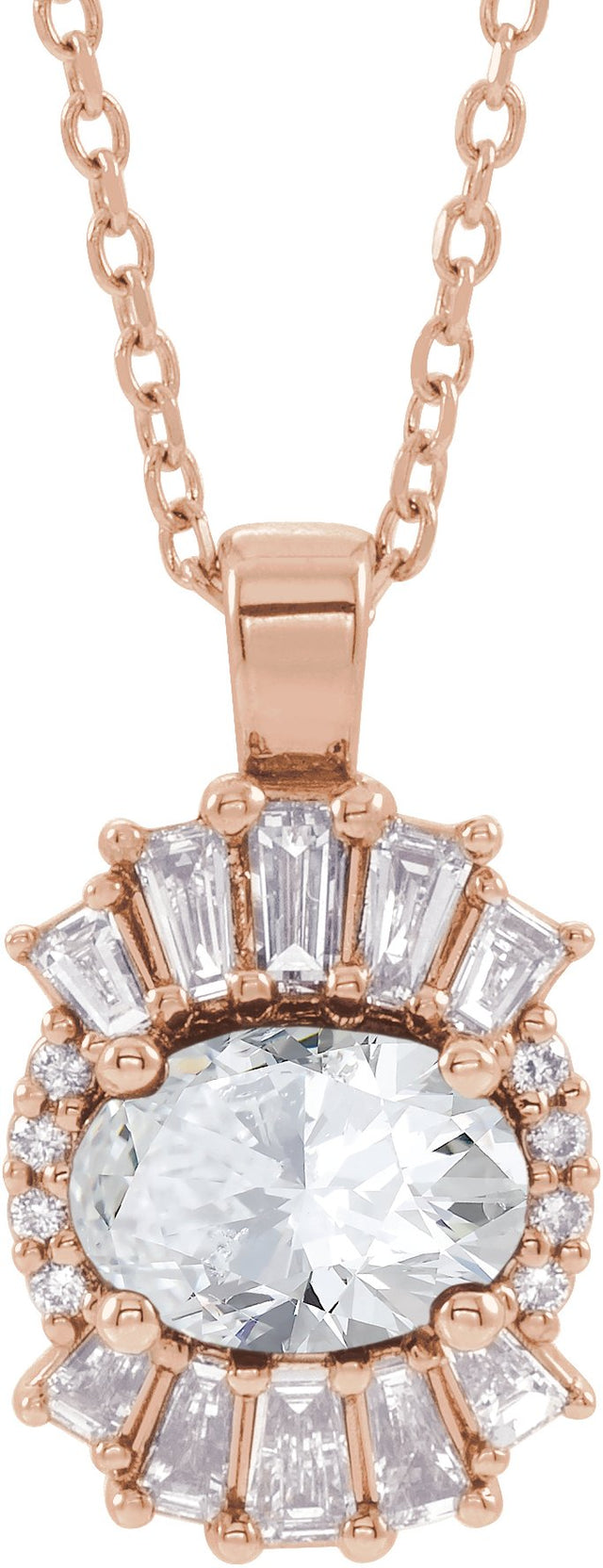 14K Gold Oval Natural Diamond Halo-Style Necklace or Pendant - Rose Gold