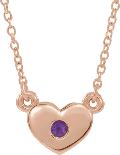 14K Gold Round Natural Amethyst Heart Necklace - Rose Gold
