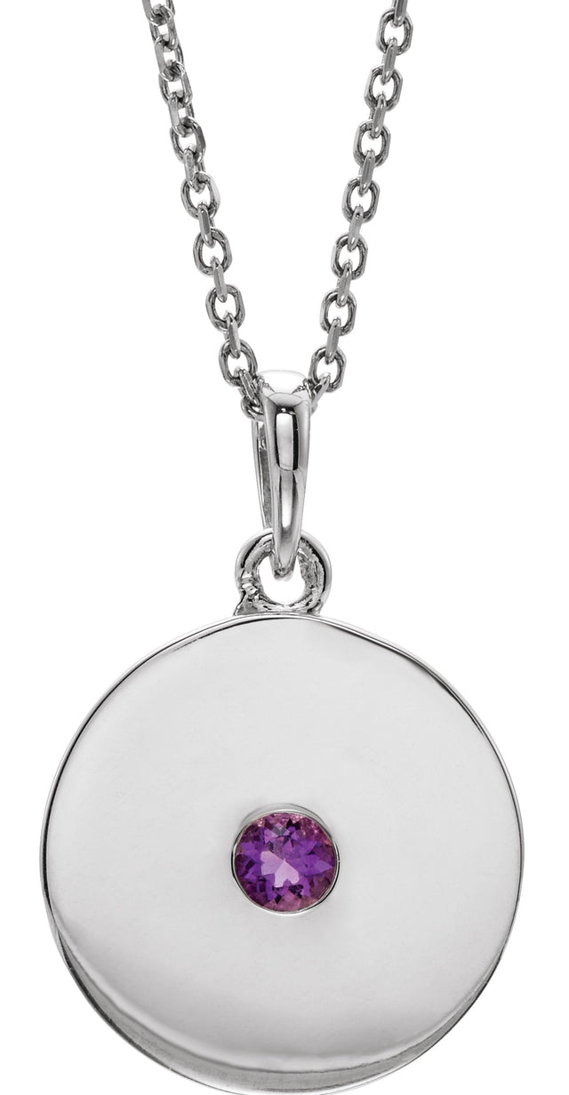 Platinum Round Natural Amethyst Disc Necklace or Pendant