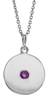 14K Gold Round Natural Amethyst Disc Necklace or Pendant - White Gold