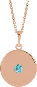 14K Gold Round Natural Blue Zircon Disc Necklace or Pendant - Rose Gold