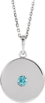 14K Gold Round Natural Blue Zircon Disc Necklace or Pendant - White Gold