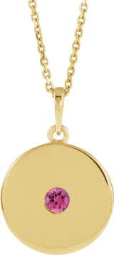 14K Gold Round Natural Pink Tourmaline Disc Necklace or Pendant - Yellow Gold
