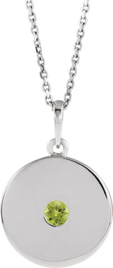 Platinum Round Natural Peridot Disc Necklace or Pendant