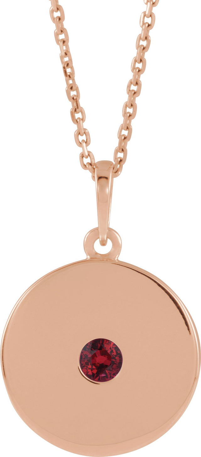 14K Gold Round Natural Ruby Disc Necklace or Pendant - Rose Gold