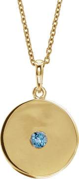 14K Gold Round Natural Aquamarine Disc Necklace or Pendant - Yellow Gold