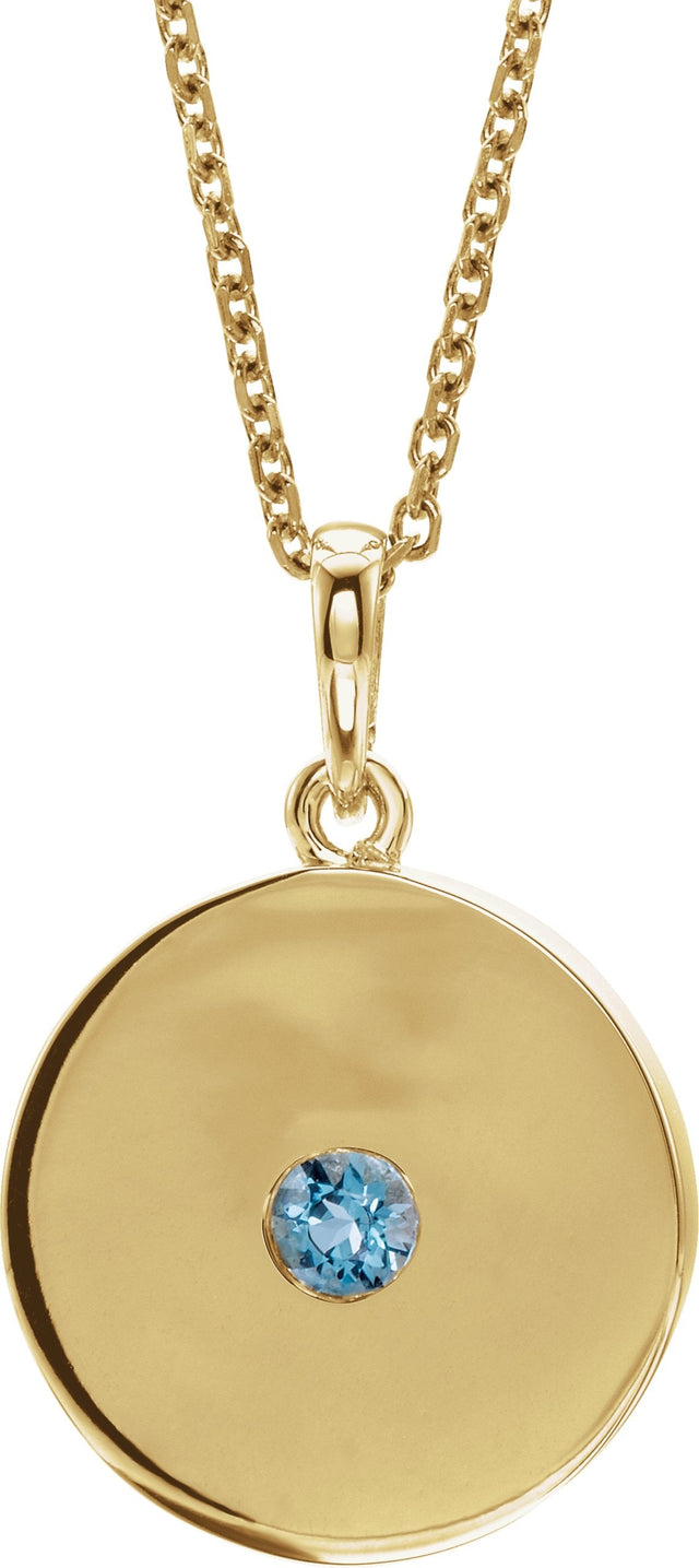 14K Gold Round Natural Aquamarine Disc Necklace or Pendant - Yellow Gold