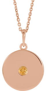 14K Gold Round Natural Citrine Disc Necklace or Pendant - Rose Gold