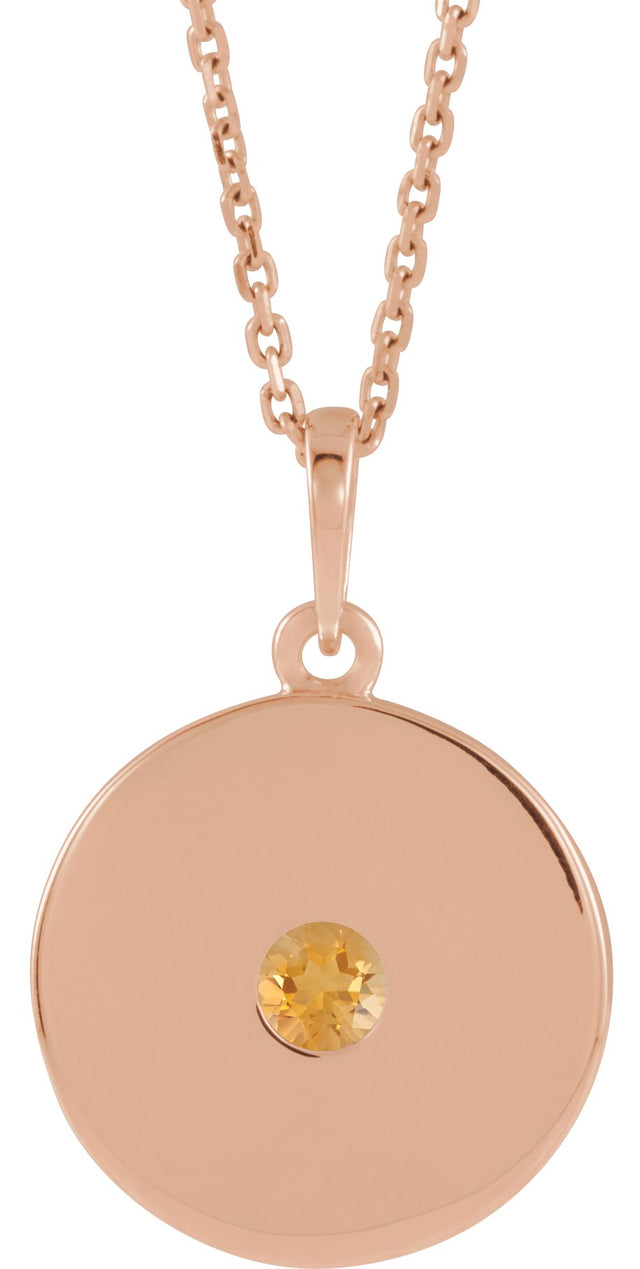14K Gold Round Natural Citrine Disc Necklace or Pendant - Rose Gold