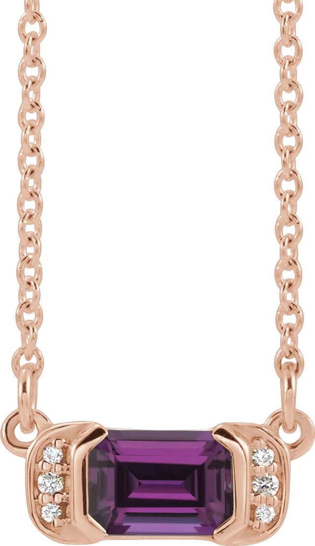 14K Gold Emerald Natural Amethyst Accented Bar Necklace - Rose Gold