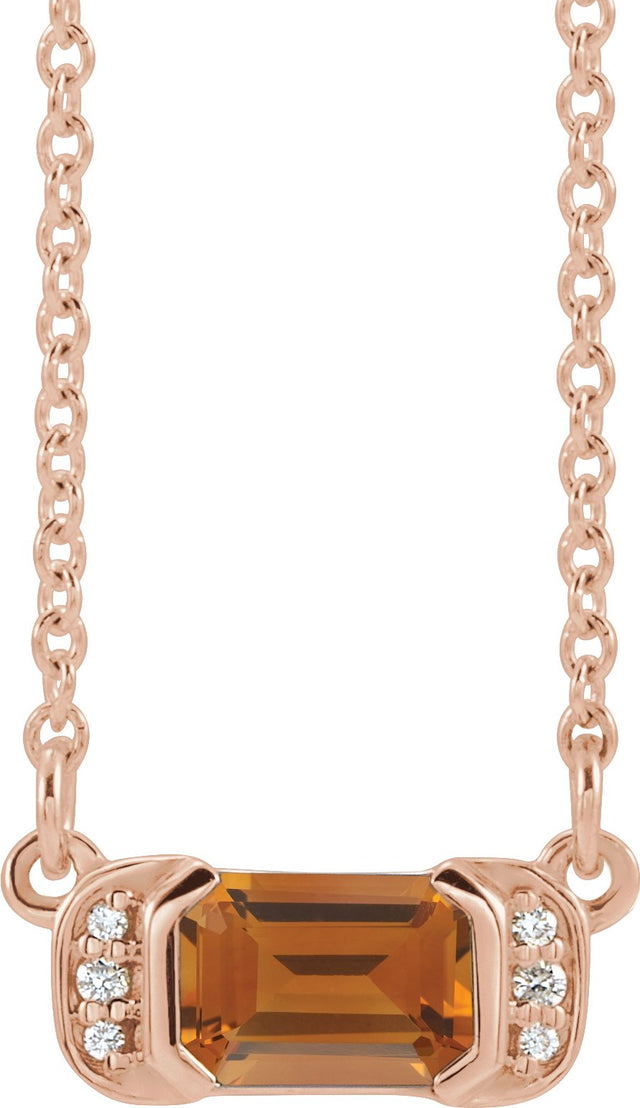 14K Gold Emerald Natural Citrine Accented Bar Necklace - Rose Gold