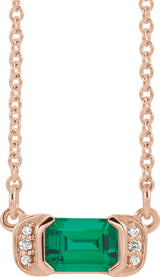 14K Gold Emerald Natural Emerald Accented Bar Necklace - Rose Gold
