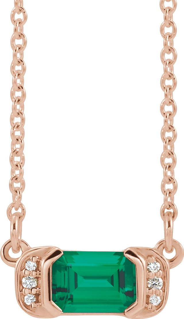 14K Gold Emerald Natural Emerald Accented Bar Necklace - Rose Gold