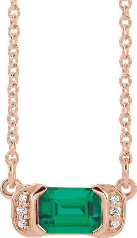 14K Gold Emerald Lab-Grown Emerald Accented Bar Necklace - Rose Gold