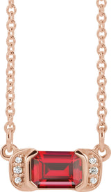 14K Gold Emerald Natural Ruby Accented Bar Necklace - Rose Gold
