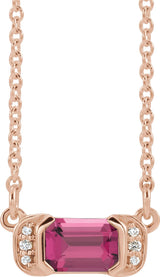 14K Gold Emerald Natural Pink Tourmaline Accented Bar Necklace - Rose Gold