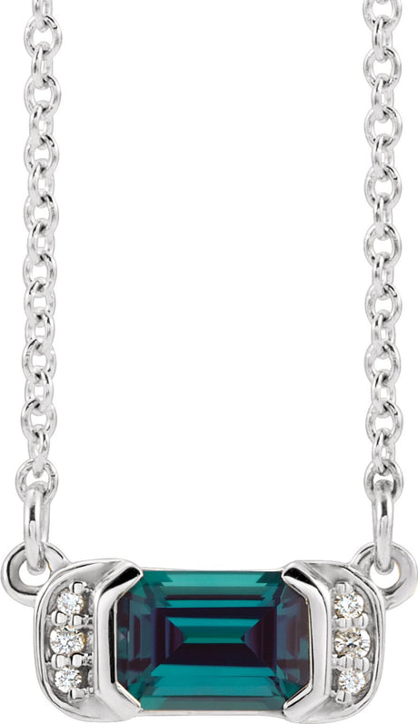 14K Gold Emerald Lab-Grown Alexandrite Accented Bar Necklace - White Gold