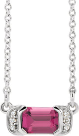 14K Gold Emerald Natural Pink Tourmaline Accented Bar Necklace - White Gold