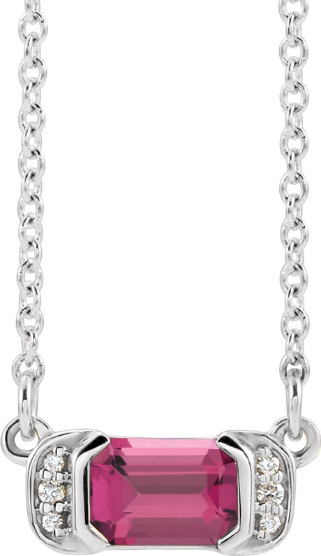 14K Gold Emerald Natural Pink Tourmaline Accented Bar Necklace - White Gold