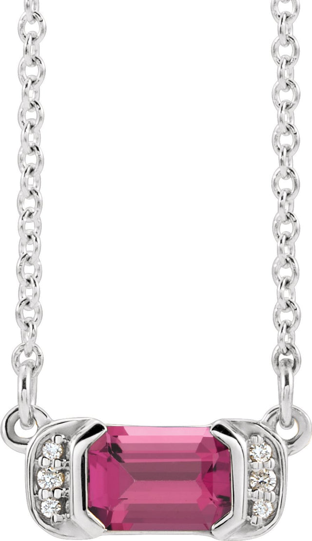 14K Gold Emerald Natural Pink Tourmaline Accented Bar Necklace - White Gold