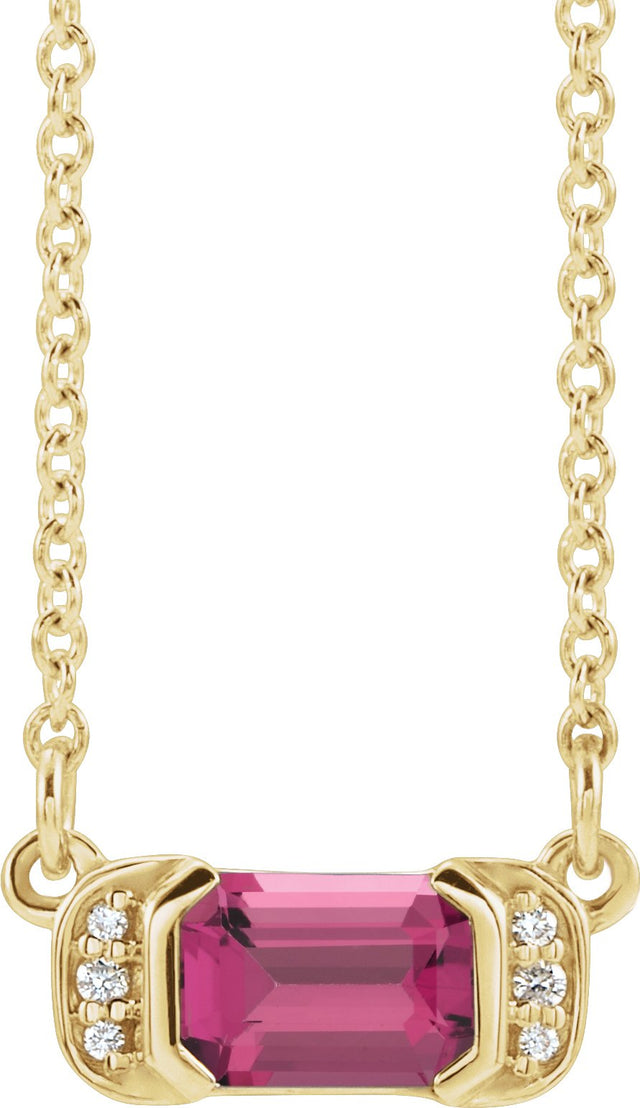 14K Gold Emerald Natural Pink Tourmaline Accented Bar Necklace - Yellow Gold